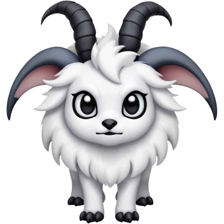 Absol, black thick horns, black long tail, black eyes, white fur, black claws, cute big eyes, adorable  emoji