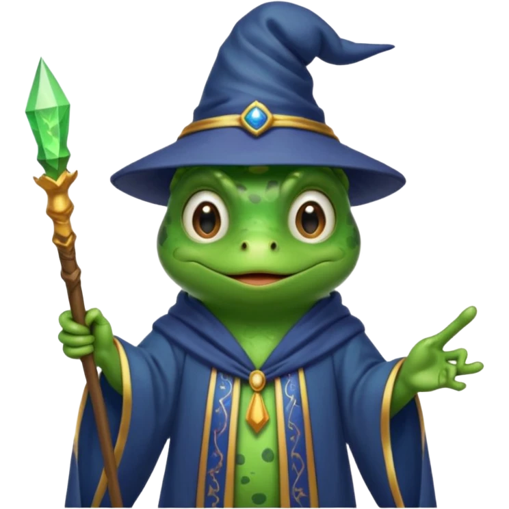 A smart frog in a hat and robes holds a pointer and with a smart face points out the mistake emoji