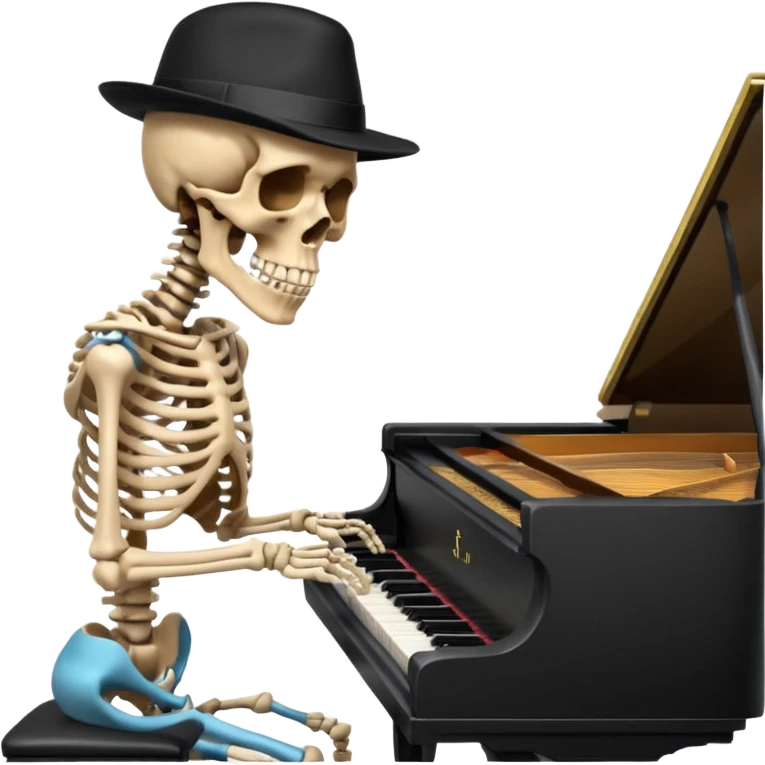 a human skeleton in anatomical proportion wears a black hat and plays the piano emoji
