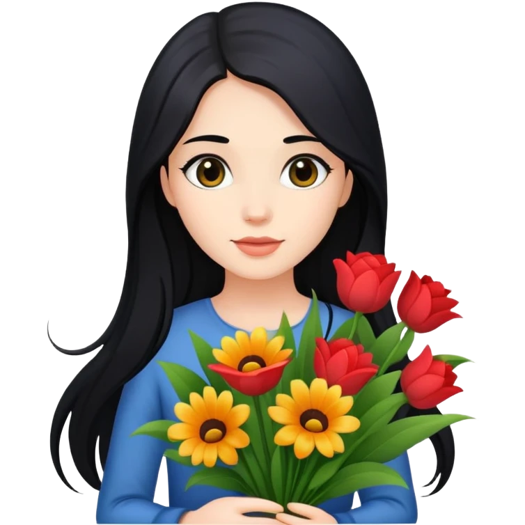 beautiful girl with long black hair holding a bouquet of flowers emoji