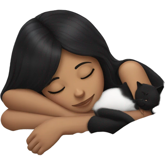 Girl with black hair sleeping with black cat emoji