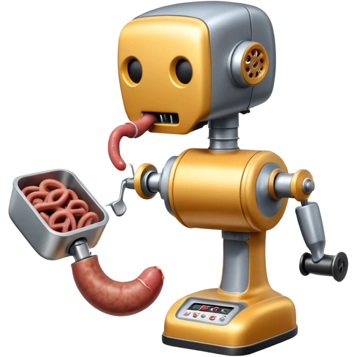 a robot that has a meat grinder for a head. 2 arms that stuff meat into the meat grinder and sausage links come out of the rear. The robot hovers. shoves meat into its mouth to grind emoji