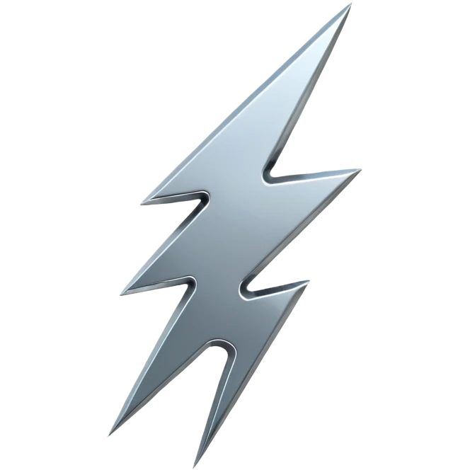 A lightning bolt emoji made of polished silver chrome, sharp yet rounded edges, glossy metallic surface, soft reflections, minimal futuristic design, iOS emoji style, centered, clean white background emoji