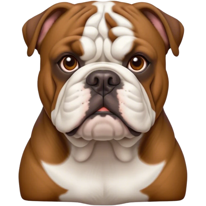 Cinematic Noble Brown and White English Bulldog Portrait Emoji, Poised and regal, with a robust, muscular build and a short, well-groomed coat of rich brown and white, deep-set soulful brown eyes, Simplified yet sharp and sophisticated features, highly detailed, glowing with a soft, dignified glow, high shine, intelligent and steadfast, stylized with an air of authority, focused and attentive, soft glowing outline, capturing the essence of a watchful and confident guardian, so majestic it feels as though it could lumber out of the screen with effortless authority! emoji