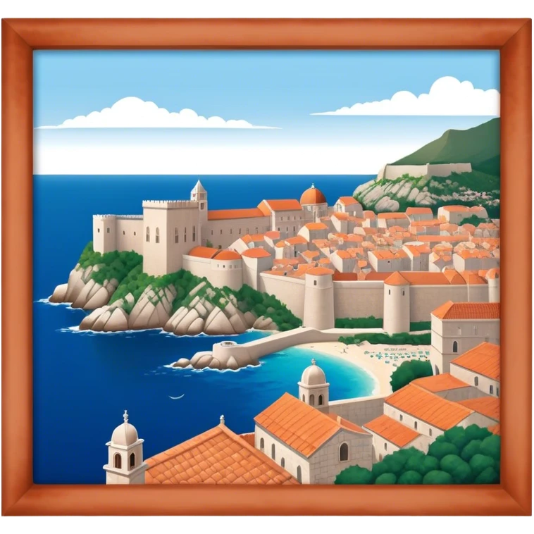 Cinematic Realistic Dubrovnik Landmark Emoji, showcasing the historic walled city with its terracotta rooftops, stone fortifications, and the deep blue Adriatic Sea stretching beyond. emoji