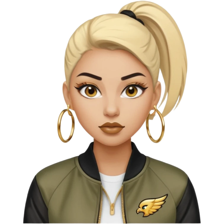 “Emoji girl, fierce confident expression, sharp winged eyeliner, bold brows, matte nude lips, long lashes, sleek high ponytail, wearing gold hoop earrings and sporty streetwear jacket.” emoji