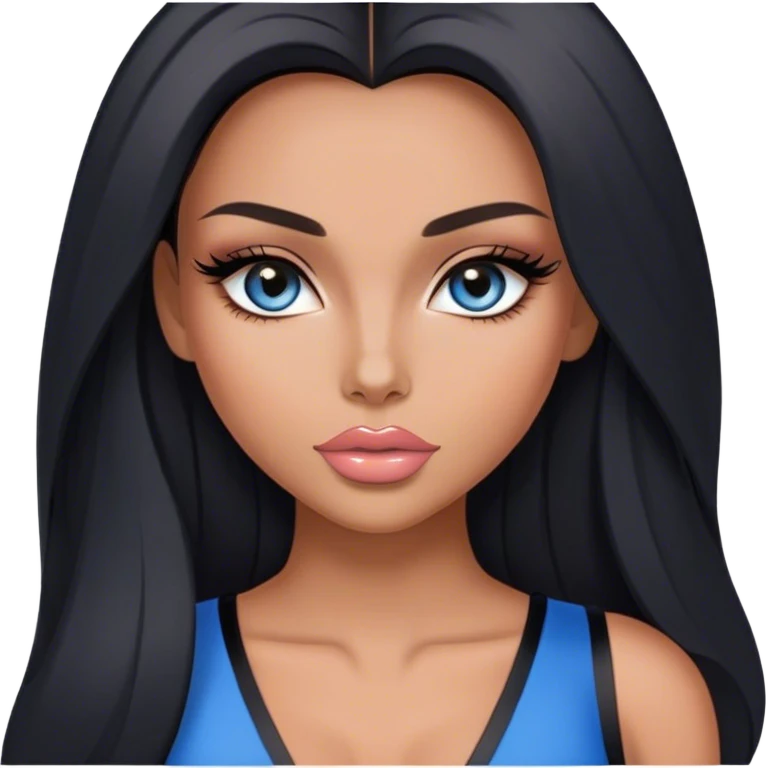Glamours, tanned, very beautiful girl, with big pump peach-beige-rose lips, long lashes, black straight smooth silky long hair, straight parting hair, blue-grey eyes, in black v-neck bodysuit emoji