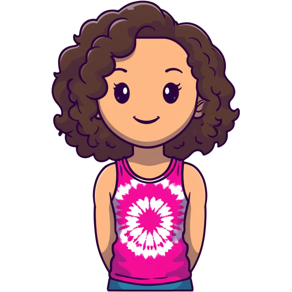 Friendly maternal woman with fair skin, long dark brown curly hair, large almond eyes, full lips, wearing bright pink tie-dye tank top, warm welcoming smile emoji