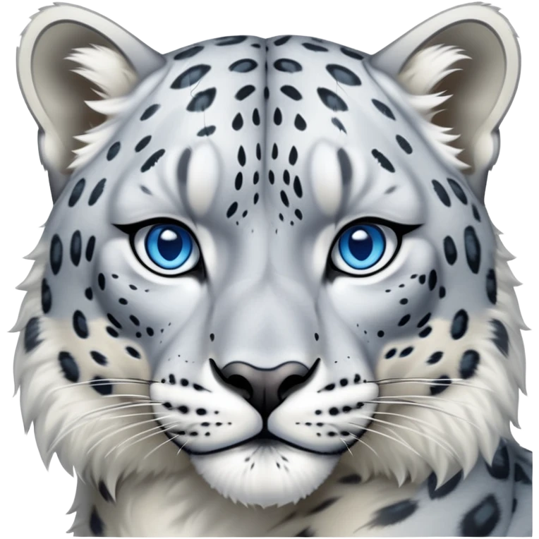 Cinematic-Noble-Snow-Leopard-Portrait-Emoji – Poised and majestic, with a muscular, agile build and a beautifully patterned coat of soft white and grey fur, marked with striking, deep-set, intelligent icy blue eyes, simplified yet sharp and sophisticated zoomed out showing the shoulders emoji
