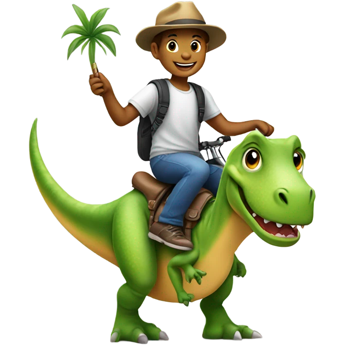 smiling boy in hat selfie riding dinosaur emoji
