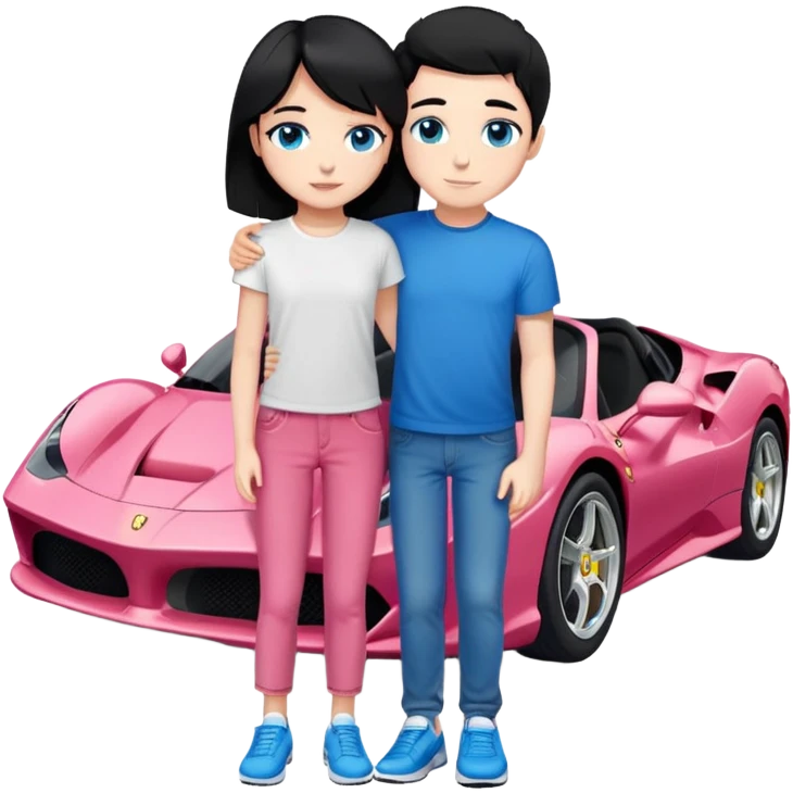 Girl with medium Black hair with blue eyes wearing a white tishirt and on that tishirt is pink ferrari and blue jeans and white Nike shoes and boy with short hair but he is not bald with brown eyes wearing white tishirt and Black jeans and white Nike shoes and they hugging each other emoji