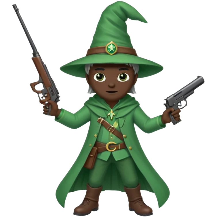 A wizard 🧙 wearing green clothes, with black skin, holding a pistol 🔫 and a rifle emoji