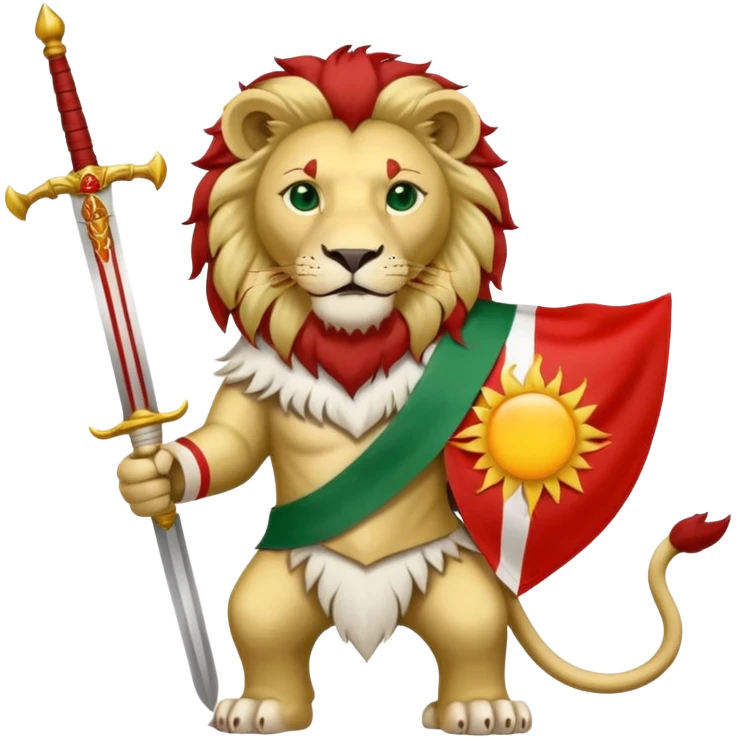 Make flag with three color, upper color should be green and middle be white and in down should be red, and add a lion with a sword on his hand and a sun in his back in the middle of flag in white color. emoji