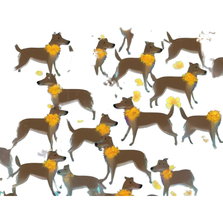  brindle brown black maroon striped lurcher Alsatian fox running blue eyes and iridescent holographic oilslick harness wearing paper iridescent tropical flower crown yellow caution tape emoji