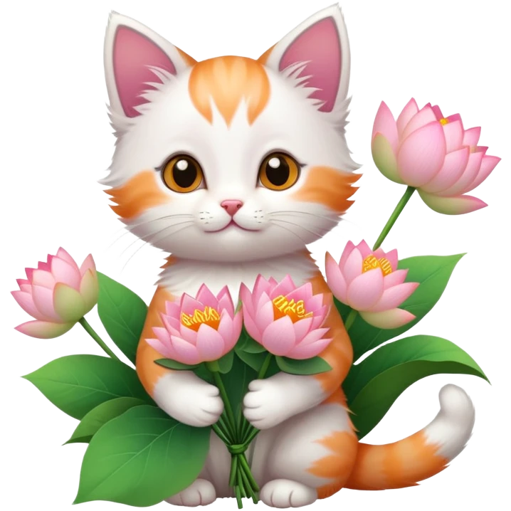 Kitten holding a bouquet of lotus flowers emoji