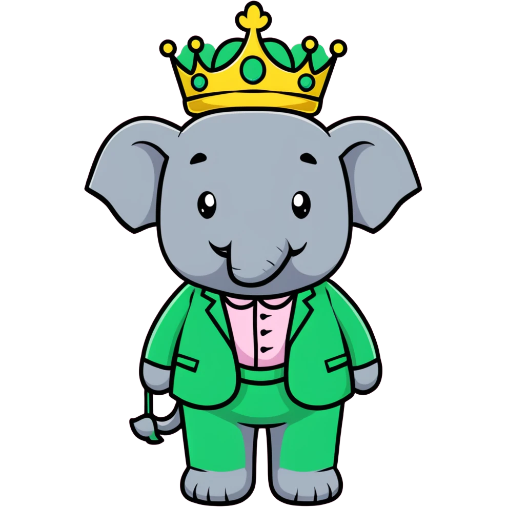 Babar the elephant king with crown and green suit emoji
