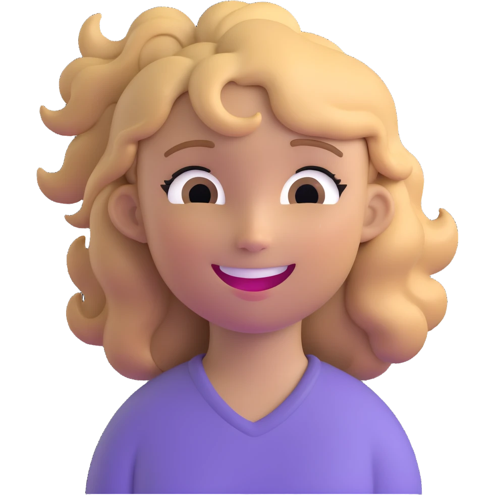 girl cruise director with curly dirty blonde hair in a ponytail, very happy emoji