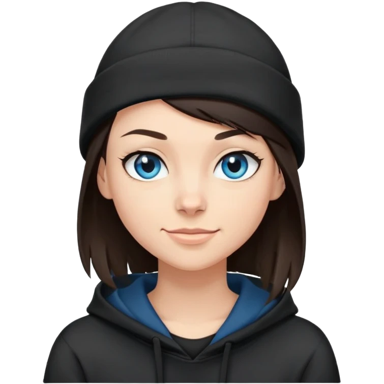 brunette with buzzed side hair nd wearing a black beanie that a side bang can be seen under. this girl needs blue eyes and a black hoodie. i want her to be smirking emoji