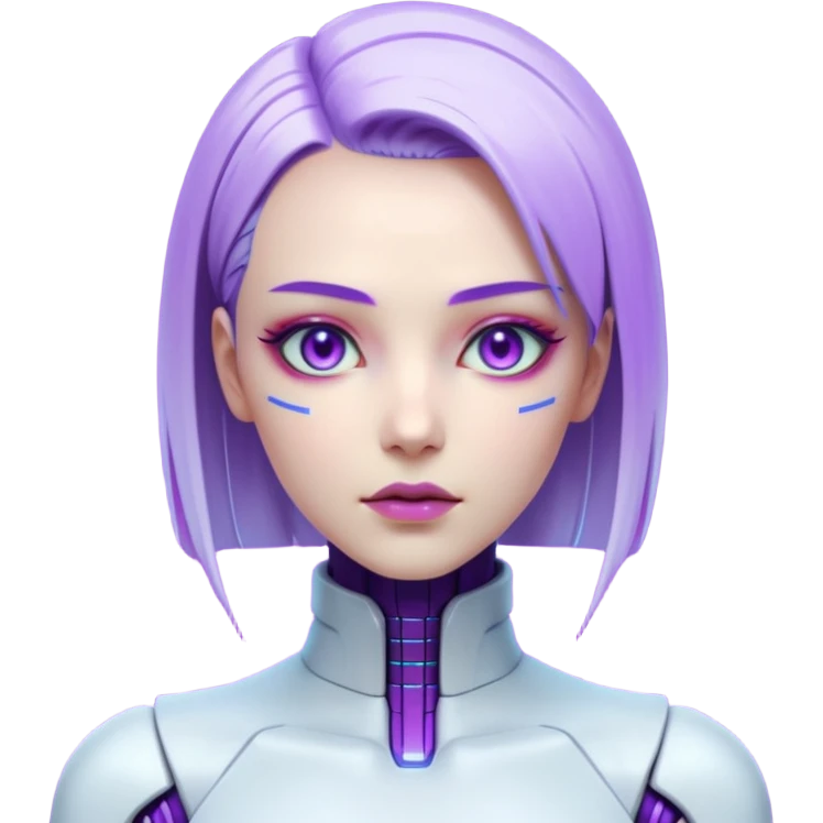 Cyberpunk female android, perfect porcelain skin, glowing artificial eyes, visible faint seams on neck, sleek metallic hair, expressionless, vibrant violet lighting emoji