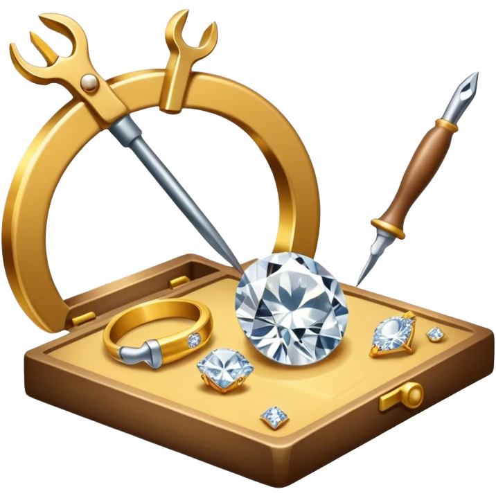 Create a bright and detailed icon representing jewelry art and the craft of making jewelry. The design should feature elements like a sparkling diamond, a gold ring, a jeweler’s tools (such as pliers and a workbench), and some delicate detailing that conveys craftsmanship and luxury. The icon should be clean, vibrant, and visually striking, with a balance of sophistication and creativity. emoji