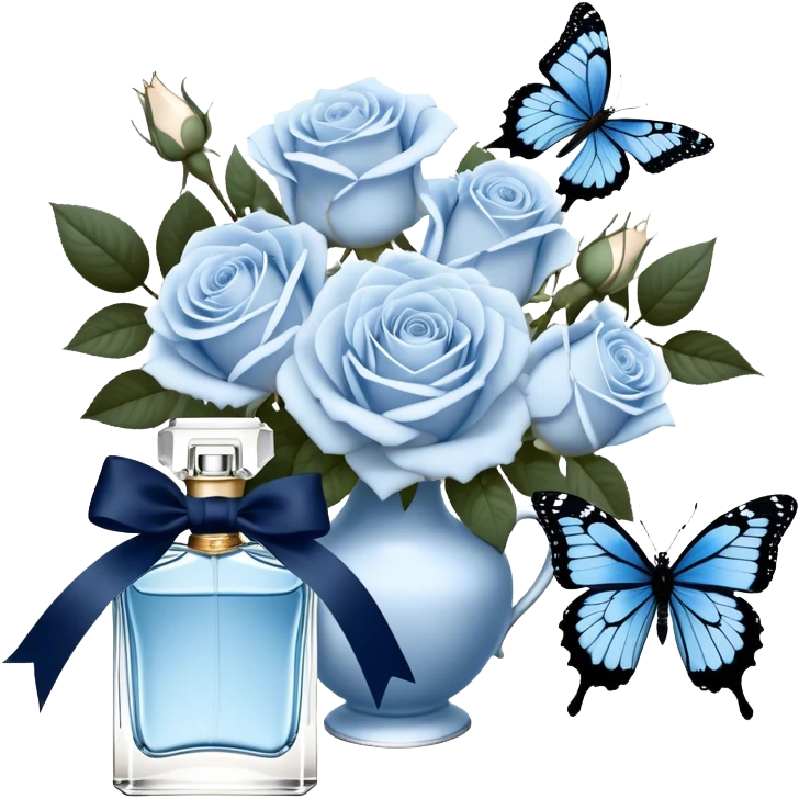 A bouquet of pale blue Ascott tea roses next to a navy aesthetic and a blue beautiful butterfly and a navy silk ribbon and a beautiful flacon of aesthetically pleasing vintage-style perfume in pearl color emoji
