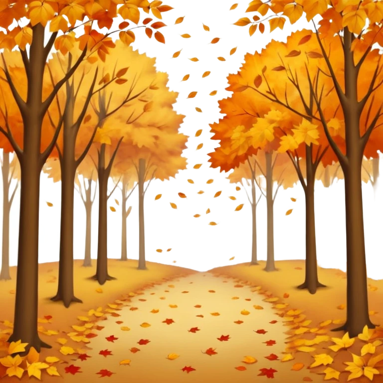 A peaceful autumn scene with golden and orange leaves gently falling from tall trees, soft sunlight filtering through the branches, leaves covering the ground, a gentle breeze in the air, cinematic atmosphere, warm color tones, 4K, ultra detailed, hyperrealistic, dreamy fall season landscape emoji