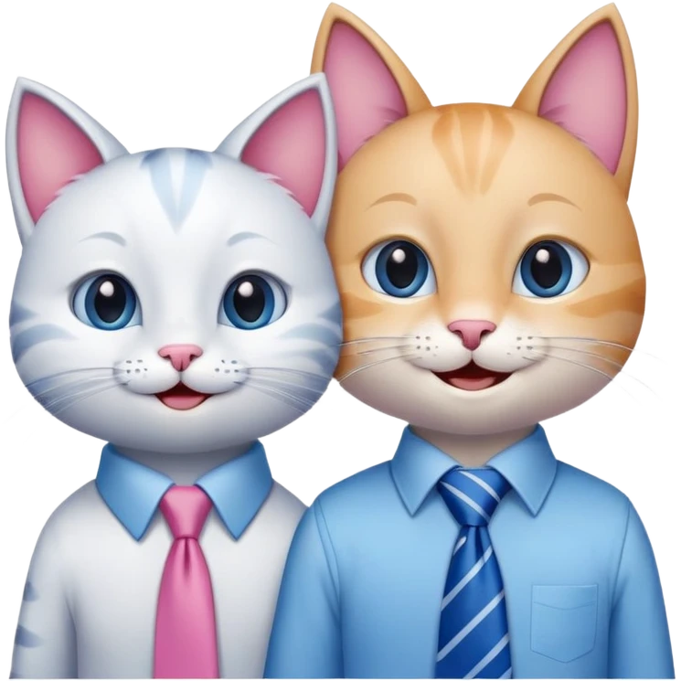 happy girl cat with eyelashes wearing a pink necktie and happy boy cat wearing a blue necktie, standing close together, both smiling emoji