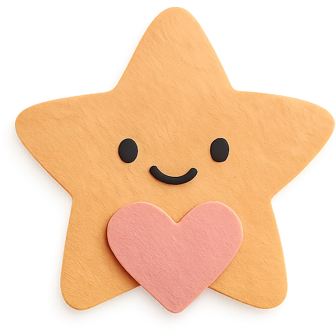 Smiling pastel orange star clutching a small pastel heart, no arms or legs, full body, transparent background, in kawaii paper craft style. emoji