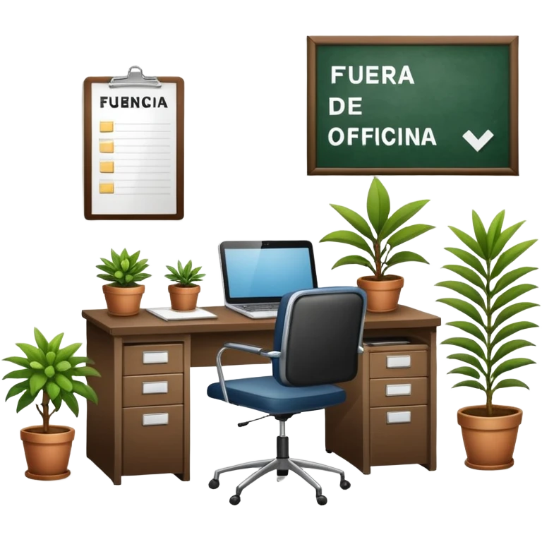 imagen de una oficina moderna con escritorio, silla, notebook, agenda y una planta con un cartel que diga en español FUERA DE OFICINA emoji