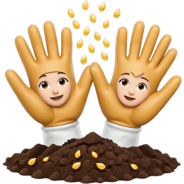 A 3D cartoon pair of gloved hands holding rich dark soil, small bits falling between fingers, bright garden background, soft light, Memoji-style realism. emoji