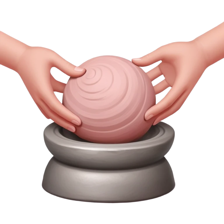 two hands kneading a ball of pink clay over a silver pottery wheel emoji