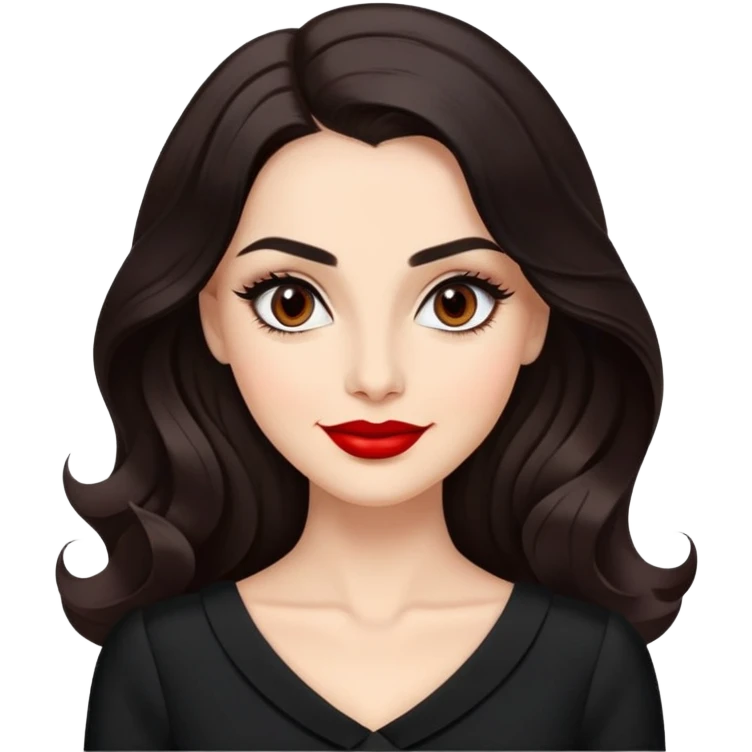Distinguished actress with bright complexion, long dark hair with soft waves, large expressive dark eyes with classic makeup, defined brows, red lipstick, wearing elegant black dress, confident professional smile emoji
