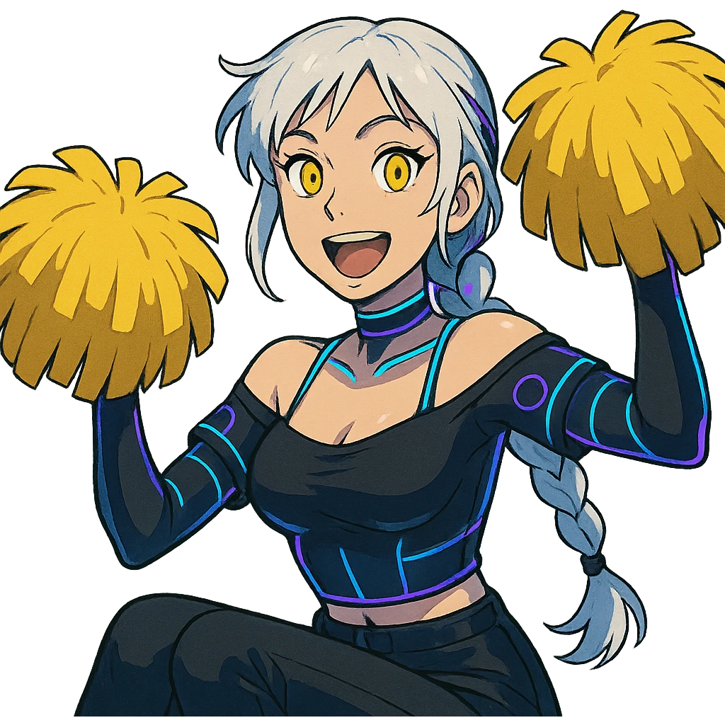  she is waving pom-poms excitedly, a closeup portrait of young woman with gold yellow eyes, white hair, long braid, black off-shoulder top d-cup, punk gothic style, futuristic cyberwave cyberpunk, sitting position
 emoji