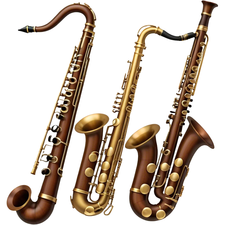 Create a refined and artistic emoji that represents lesser-known wind instruments. The design should feature a collection of unique wind instruments, such as a bassoon, oboe, or French horn, arranged elegantly. Add elements like musical notes to symbolize the harmony and beauty of these instruments. Use colors like bronze, silver, and dark wood tones to reflect the classic nature of the instruments. The background should be transparent. emoji