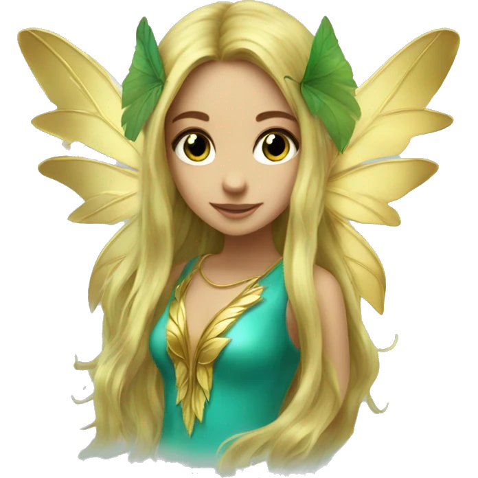 Beautiful, leaf, fairy, gold, turqoise, green, long hair, big wings emoji