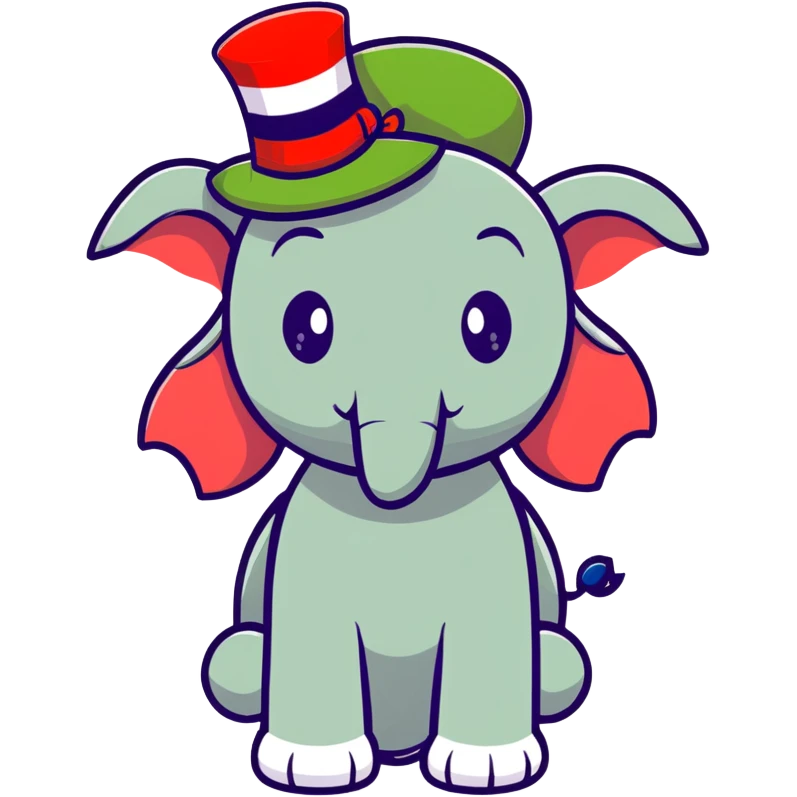 cute red elephant, big eyes, friendly smile, round and simple, wearing a stars-and-stripes top hat, cartoon sticker style emoji