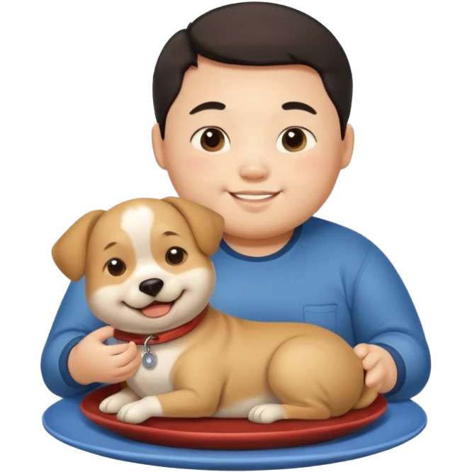 A fat Chinese boy with a dog sitting on his plate  emoji