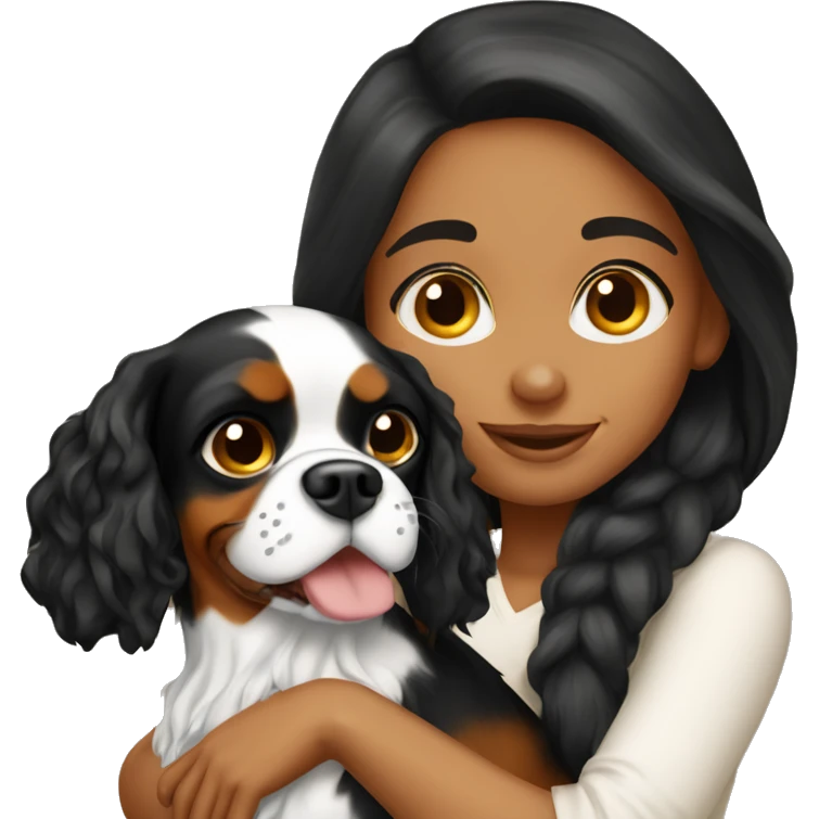 a beautiful brunette girl hugging a cavalier king charles spaniel  emoji
