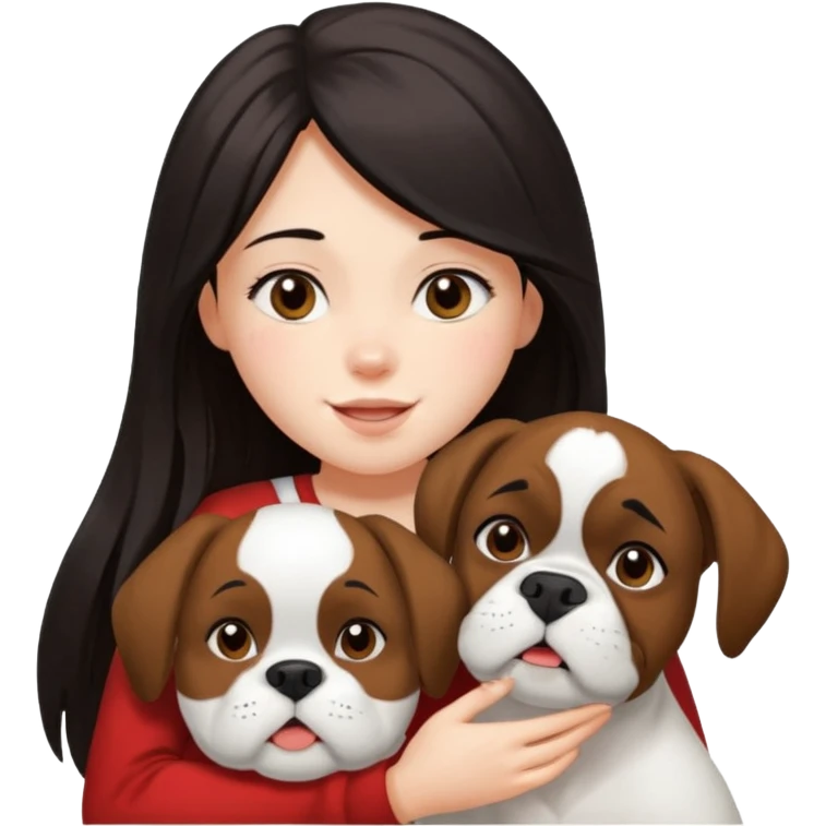 Girl with dark long hair loving on white boxer emoji