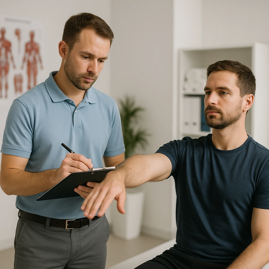 realistic kinesiologist observing and noting results of kinesiological evaluation on a patient in a clinical environment, professional details, inspired by reference photo https://attic.sh/r66tucayi7ewfjges2vhulor9bux emoji