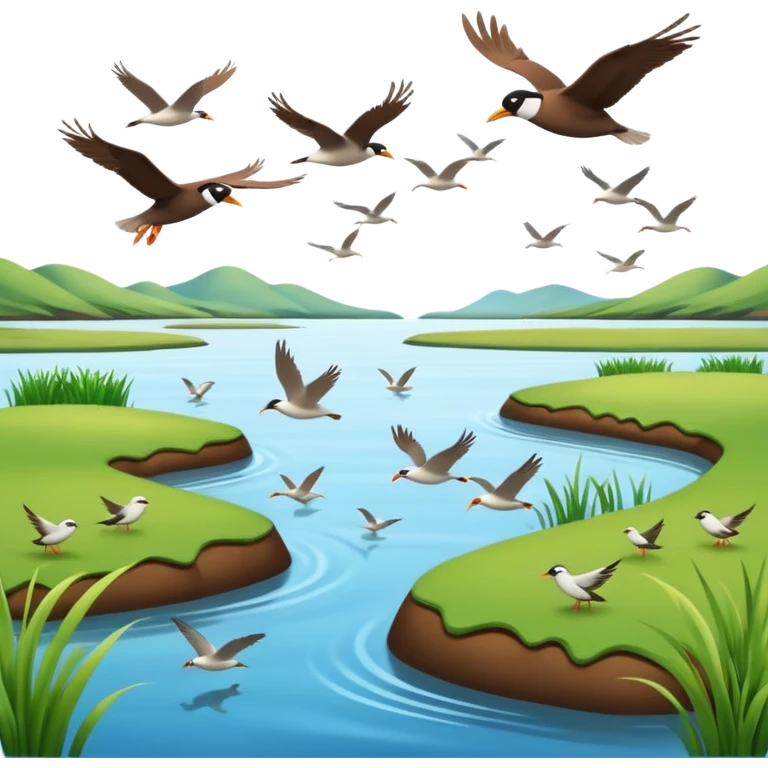 A 3D cartoon estuary with birds flying over shallow water and grassy banks, calm mood, Memoji-style realism. emoji