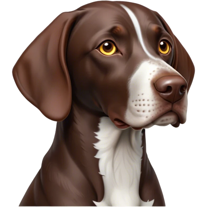 Cinematic Noble German Pointer Portrait Emoji, Poised and regal, with a lean, athletic build and a sleek, short coat in liver and white, deep-set soulful brown eyes, Simplified yet sharp and sophisticated features, highly detailed, glowing with a soft, dignified glow, high shine, intelligent and driven, stylized with an air of determination, focused and attentive, soft glowing outline, capturing the essence of a watchful and commanding hunter, so majestic it feels as though it could sprint out of the screen with effortless authority! emoji
