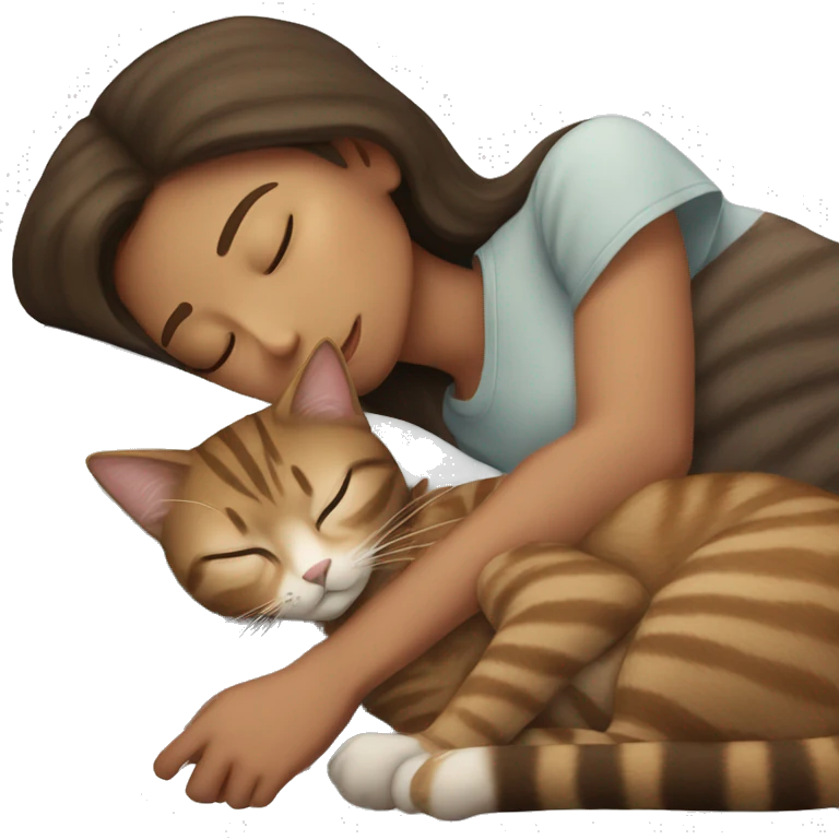 Brunette girl sleeping with a brown tabby cat emoji