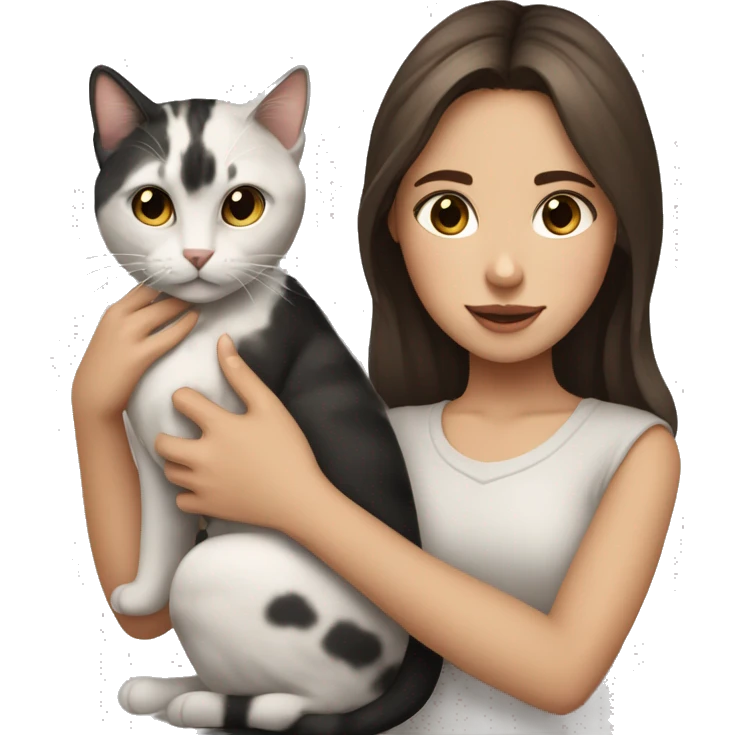 Pale girl with big brown eyes and brown hair holding two cats (a black one and a grey one with tiger marks) emoji