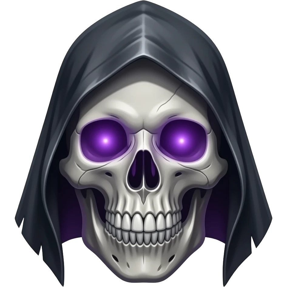💀 A highly detailed, hand-painted reaper-mask skull, glowing with deep dark-purple energy. emoji