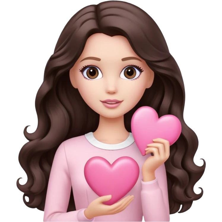 A white Barbie girl with long dark brown wavy hair in pale pink clothes holds pale pink heart emoji