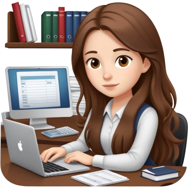 Girl with long brown hair doing bookkeeping at a laptop with a cozy mug beside her officecore elegant emoji