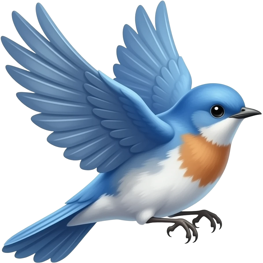 Detailed illustration of a blue songbird in mid‑flight with wings spread, soft feather texture, gentle highlight on the beak and wings, vintage fantasy palette, transparent background, square, no text. emoji