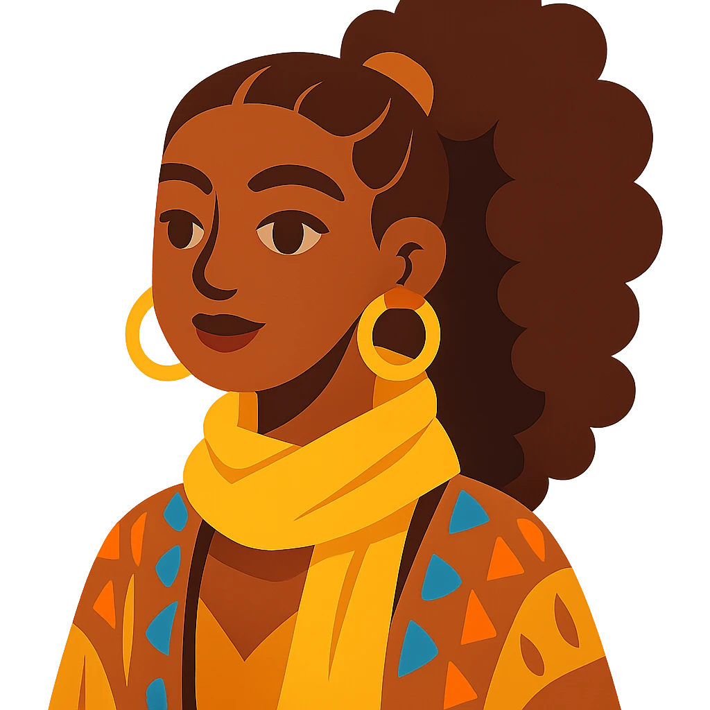 boho girl with brown skin, long curly brown hair in a high ponytail, lemon yellow scarf, round earrings emoji