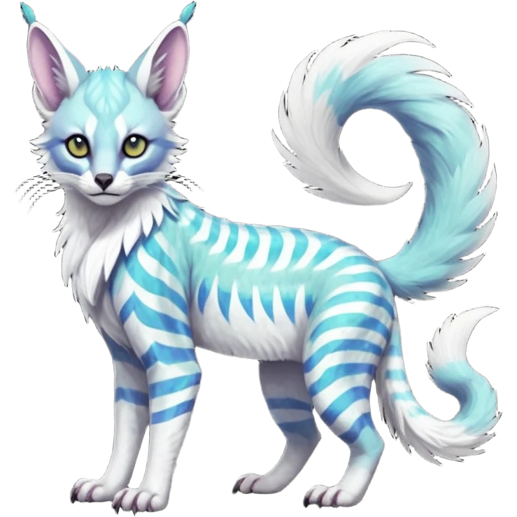 Colorful dark tropical feathery tribal pale light fruity pastel white glorious iridescent divine exotic cute albino neon vibrant spooky evil zigzagged cool beautiful beautiful fantasy-caracal-civet-genet-sergal-vernid-Gryphon-Cacomistle-Trico-oncilla-animal-Fakémon-hybrid-fursona (full body) emoji